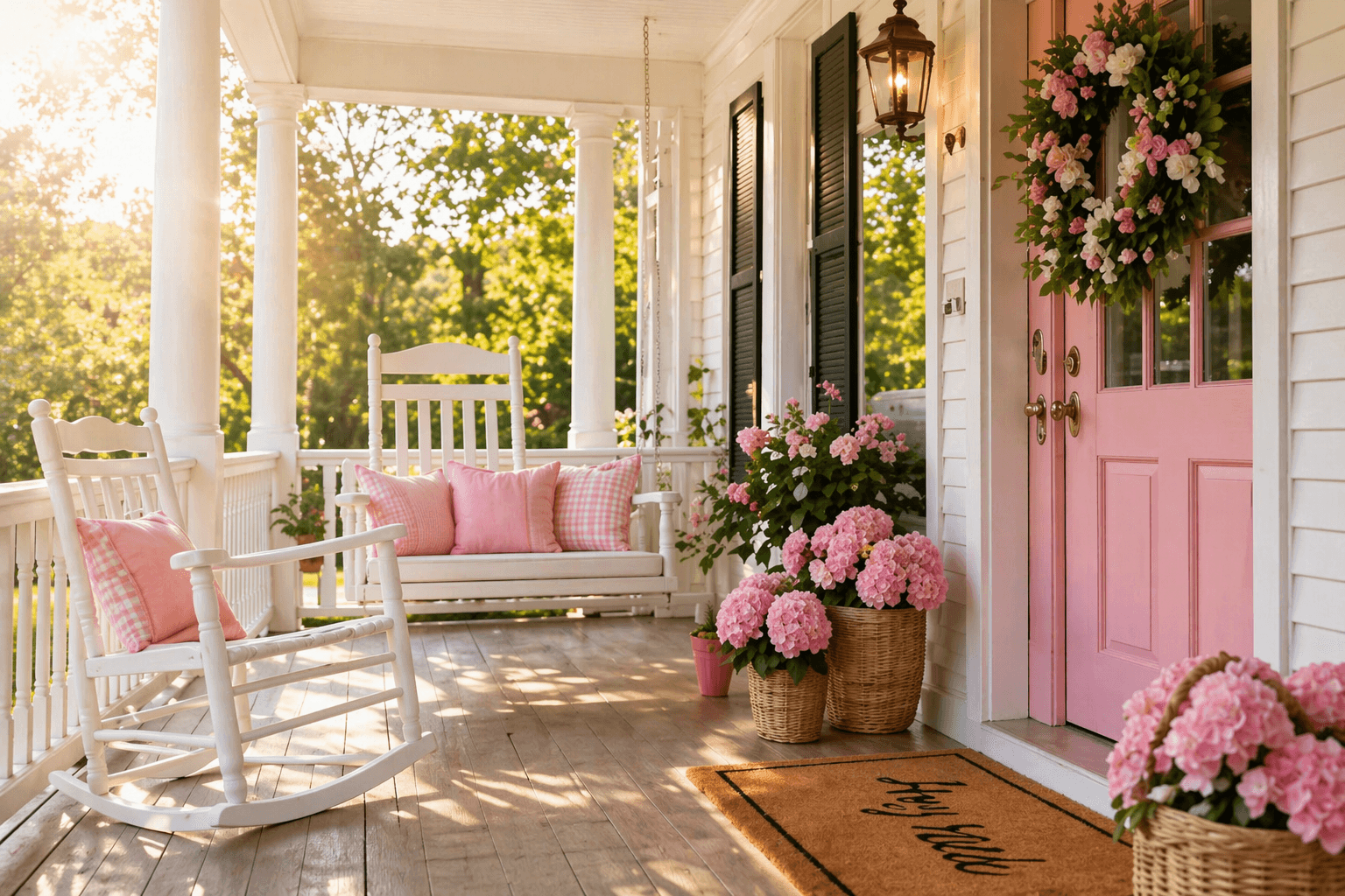 A bright Southern porch with pink flowers and a welcoming clean home entryway